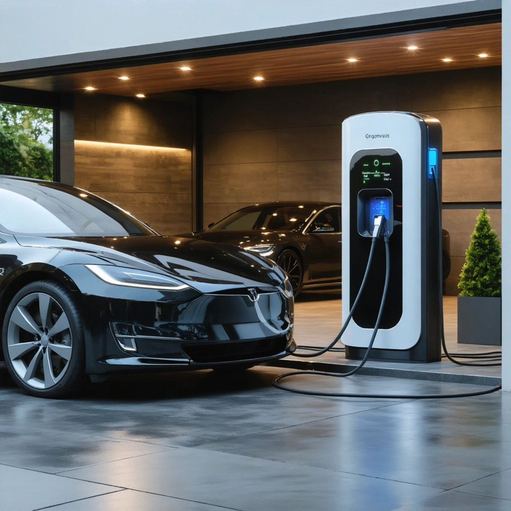 Station de recharge électrique moderne dans un garage résidentiel avec une voiture connectée.