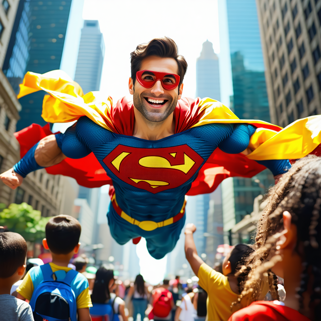 Un super-héros souriant, vêtu d'un costume coloré, volant au-dessus d'une ville, aidant les gens. La scène représente la positivité et l'amitié.