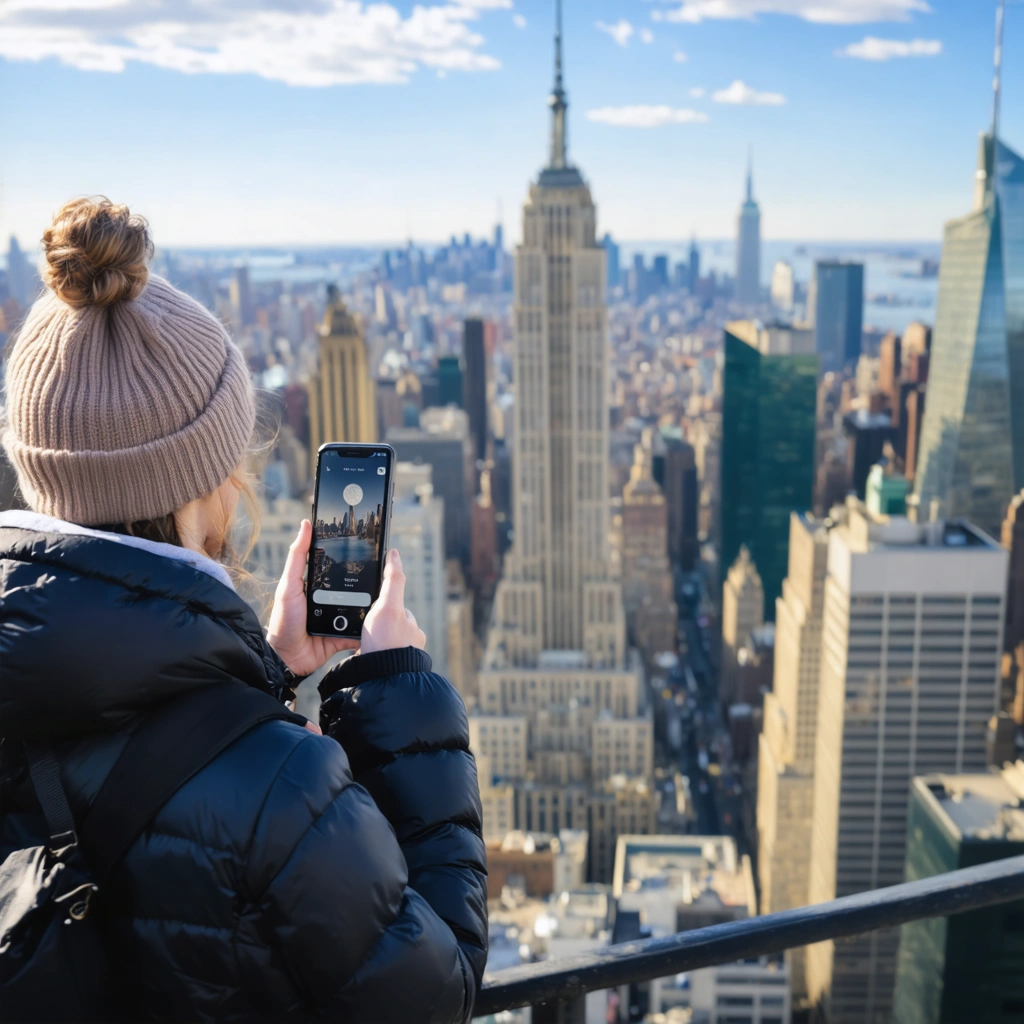 Un·e touriste utilisant une application smartphone à New York, avec la skyline de New York en arrière-plan, en plein jour.