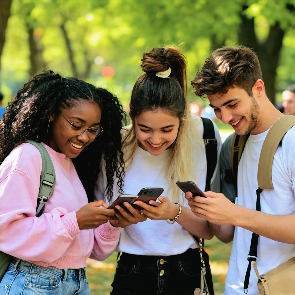 Groupe de jeunes utilisant des smartphones dans un parc, écran d'application Elha visible