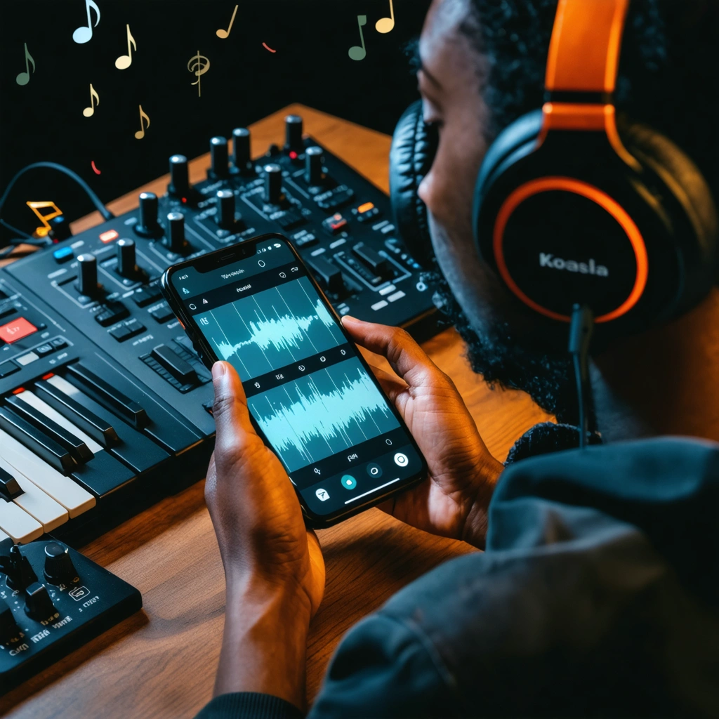 Une personne utilisant l'application Koala Sampler sur un smartphone avec des écouteurs et un contrôleur MIDI