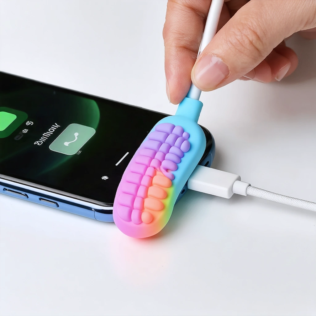 Une main installe un accessoire en silicone antidérapant sur un câble pour le stabiliser, posé sur un bureau propre et lumineux.