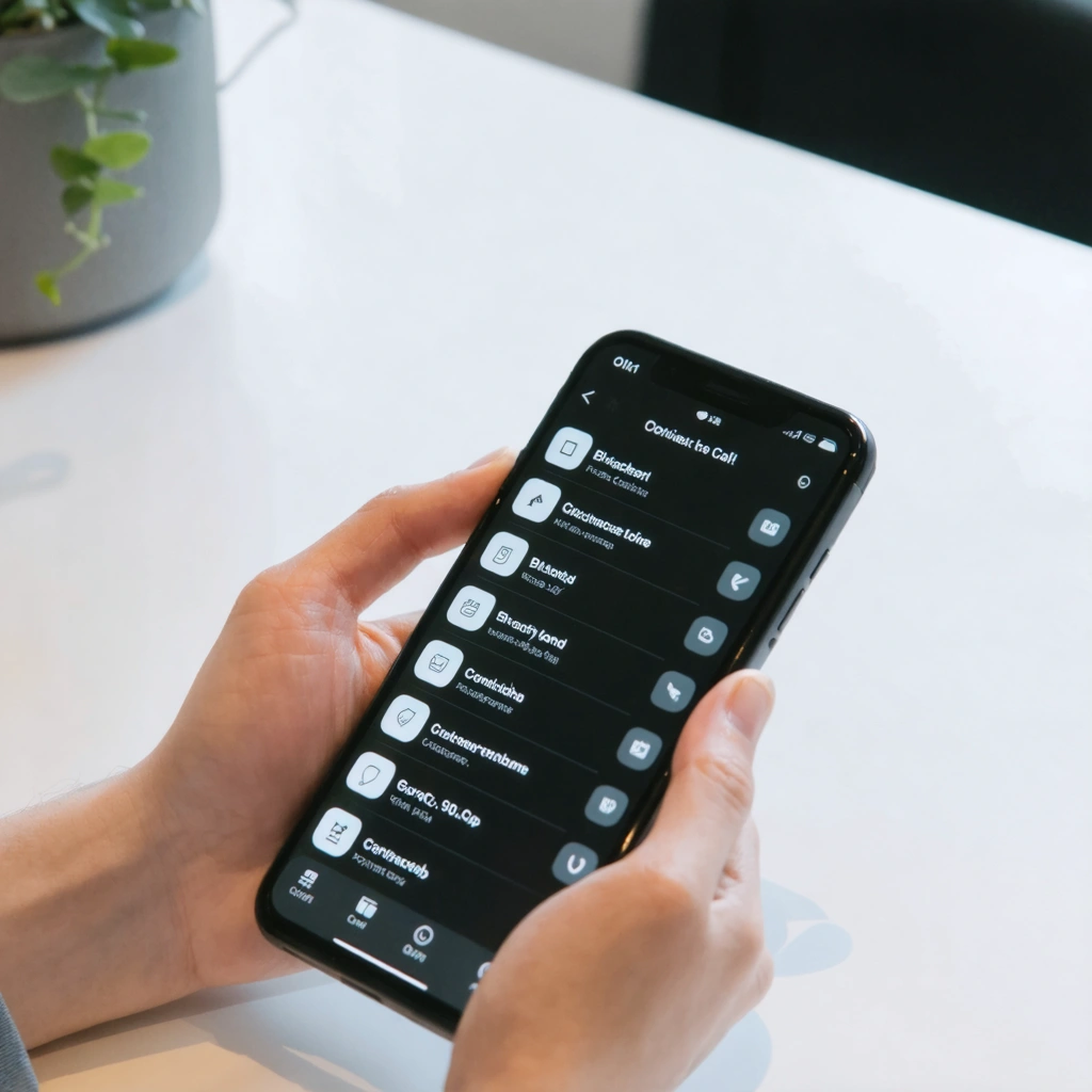Un smartphone affichant un écran d'appel avec un contact bloqué, posé sur une table moderne, illustrant un problème d'appels entrants.