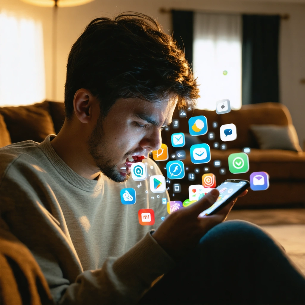 Un utilisateur regarde avec étonnement son smartphone Xiaomi, découvrant des applications inconnues qui se sont installées toutes seules.