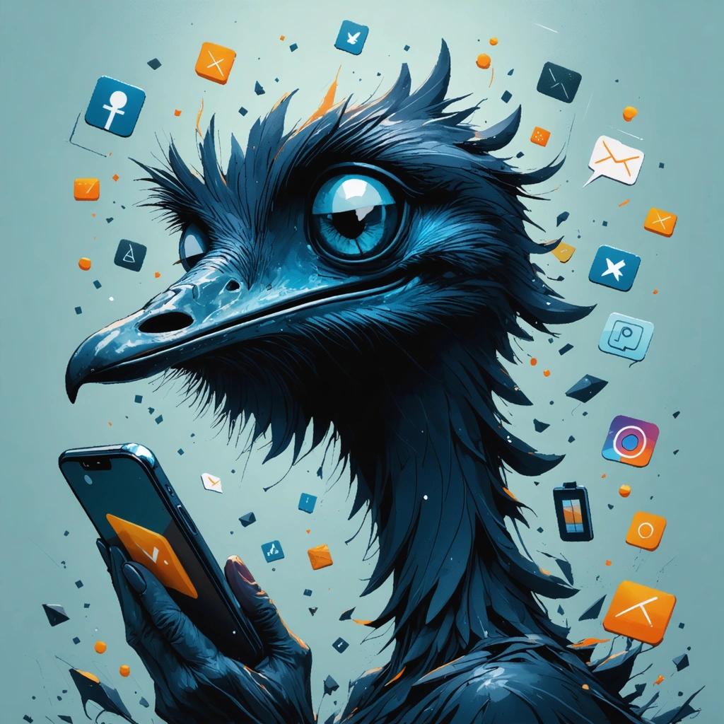 Une personne avec la tête dans un smartphone comme une autruche, entourée d'applications mobiles douteuses et de symboles représentant des problèmes de batterie, de lenteur et de sécurité.