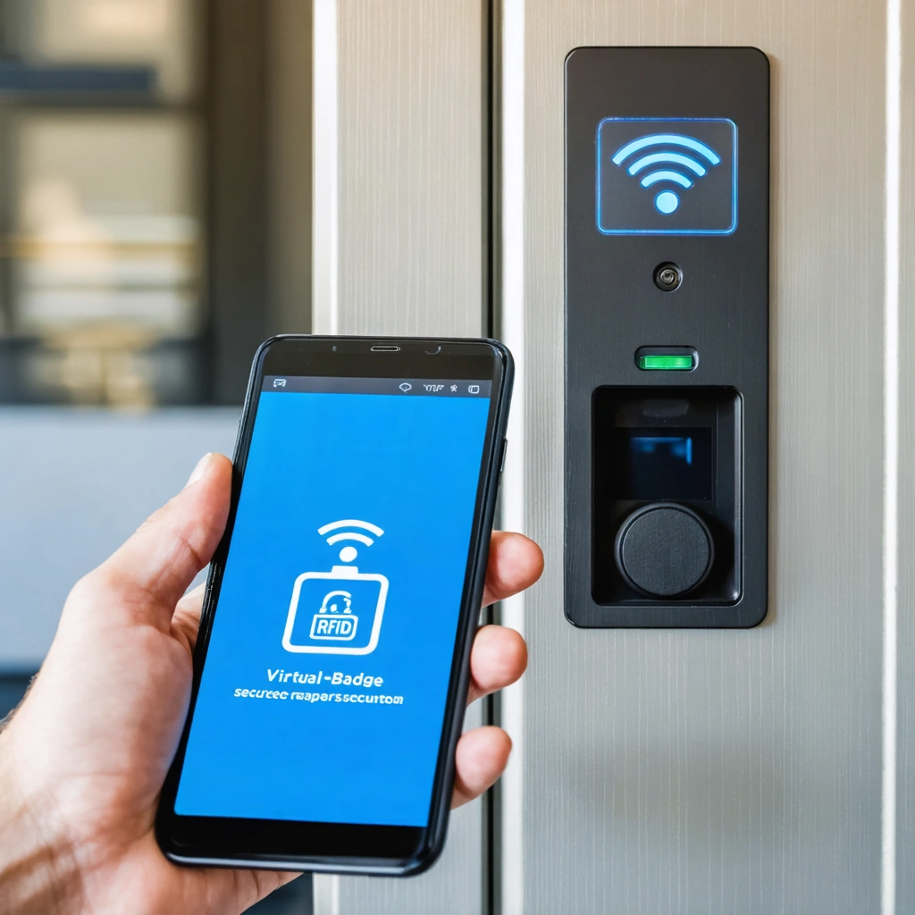 Une main tenant un smartphone affichant un badge RFID virtuel, à côté d'un badge RFID physique et d'un lecteur de porte, illustrant l'accès facilité grâce au téléphone.