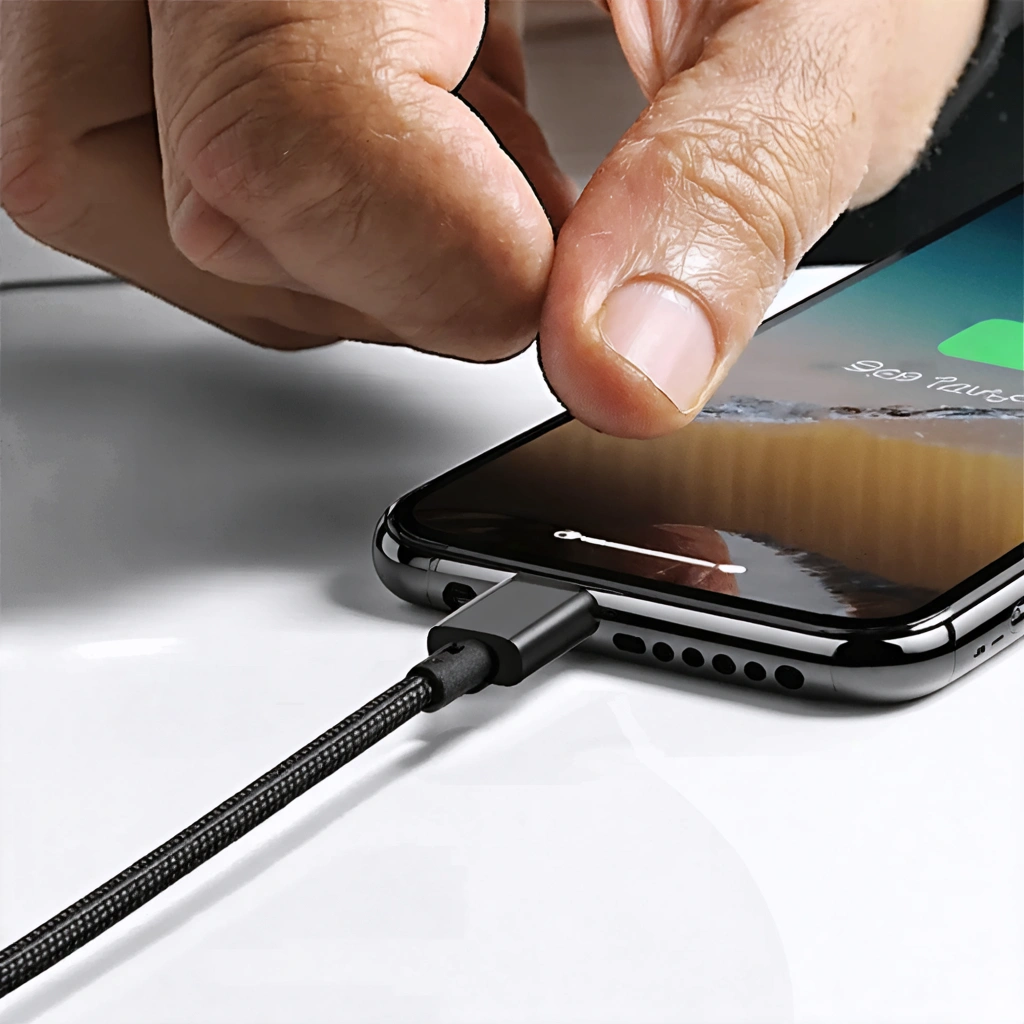 Une personne tente de brancher un chargeur usé dans un port USB de téléphone encrassé, exprimant de la frustration.