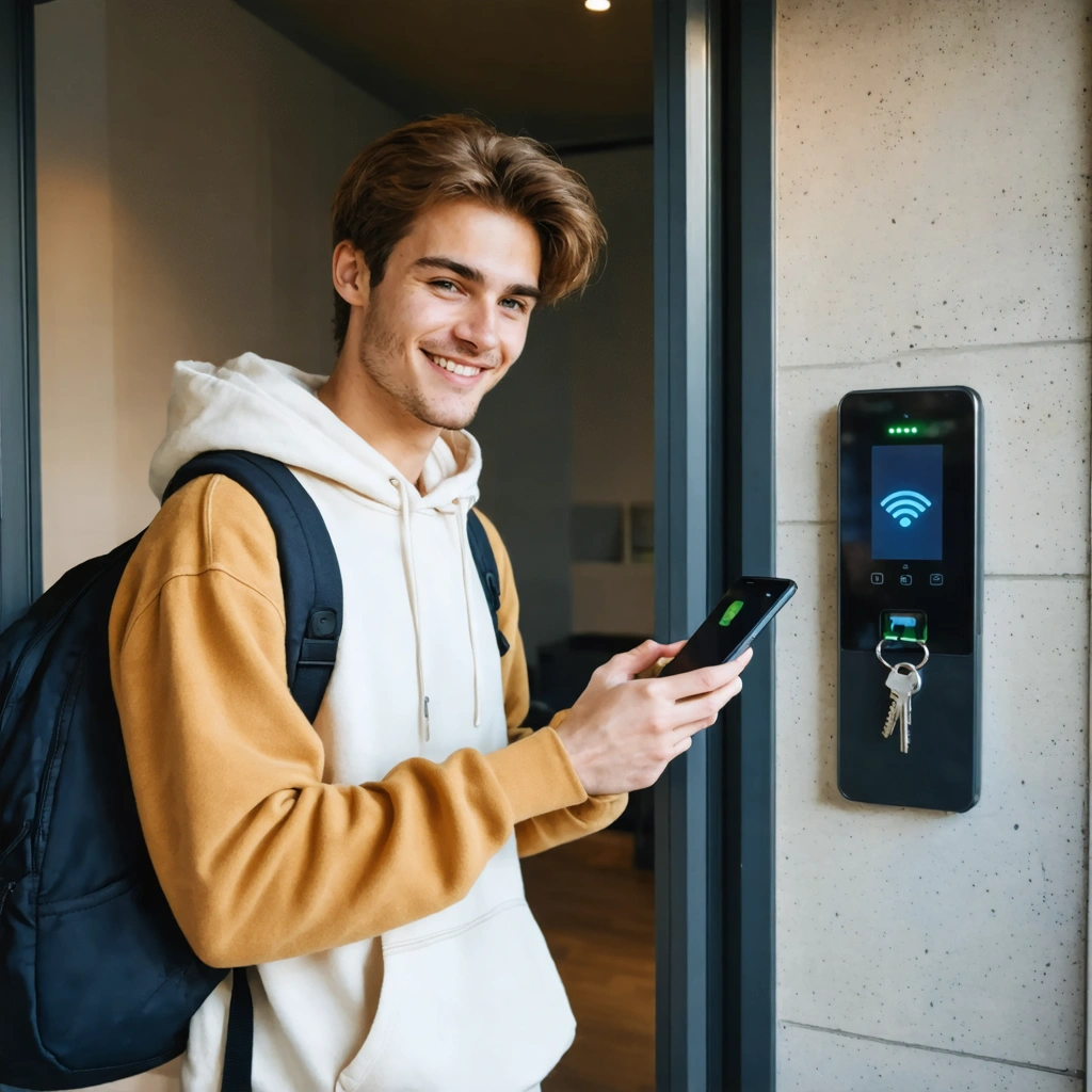 Une personne utilise son smartphone comme badge NFC devant la porte d'entrée d'un immeuble moderne, avec des porte-clés visibles dans la main.