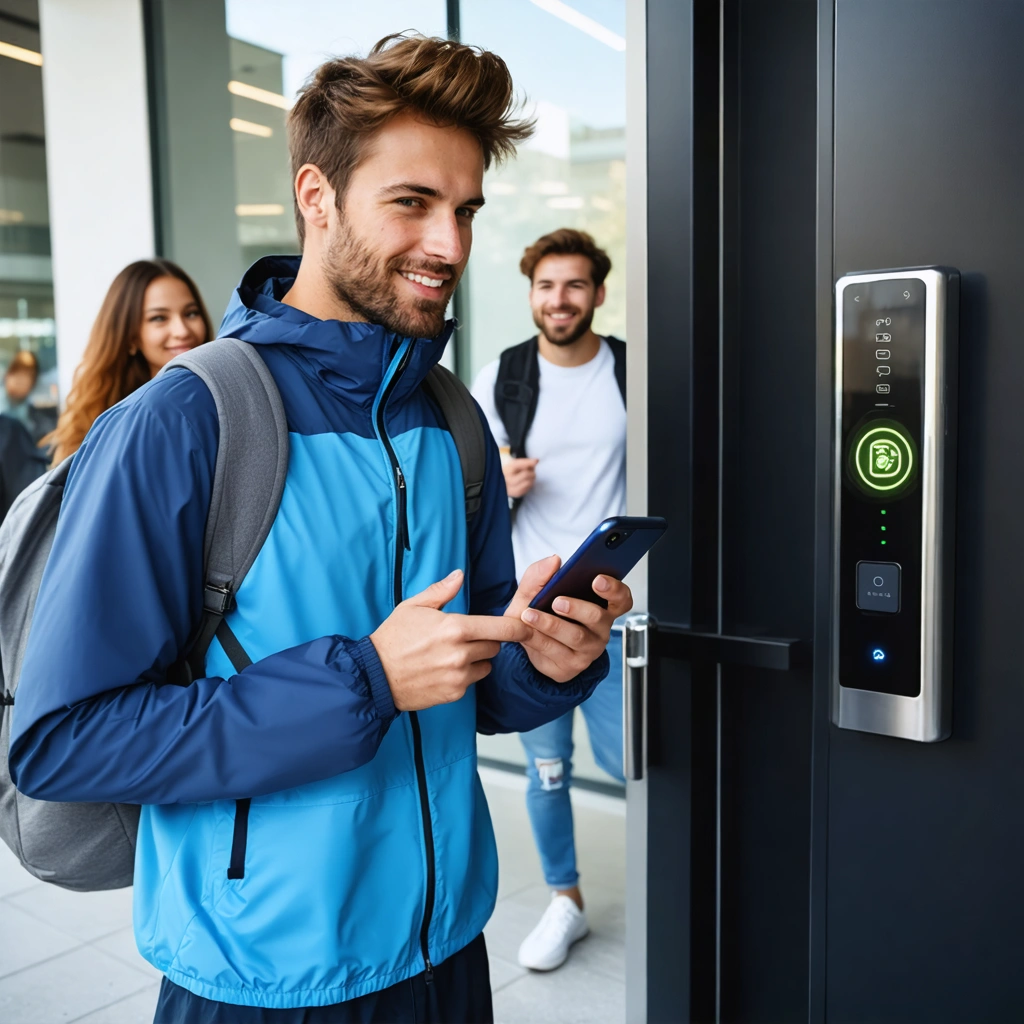 Une personne en tenue de sport utilise son smartphone pour copier un badge d'accès NFC devant un bureau moderne, tandis qu'un groupe de collègues attend près de la porte.