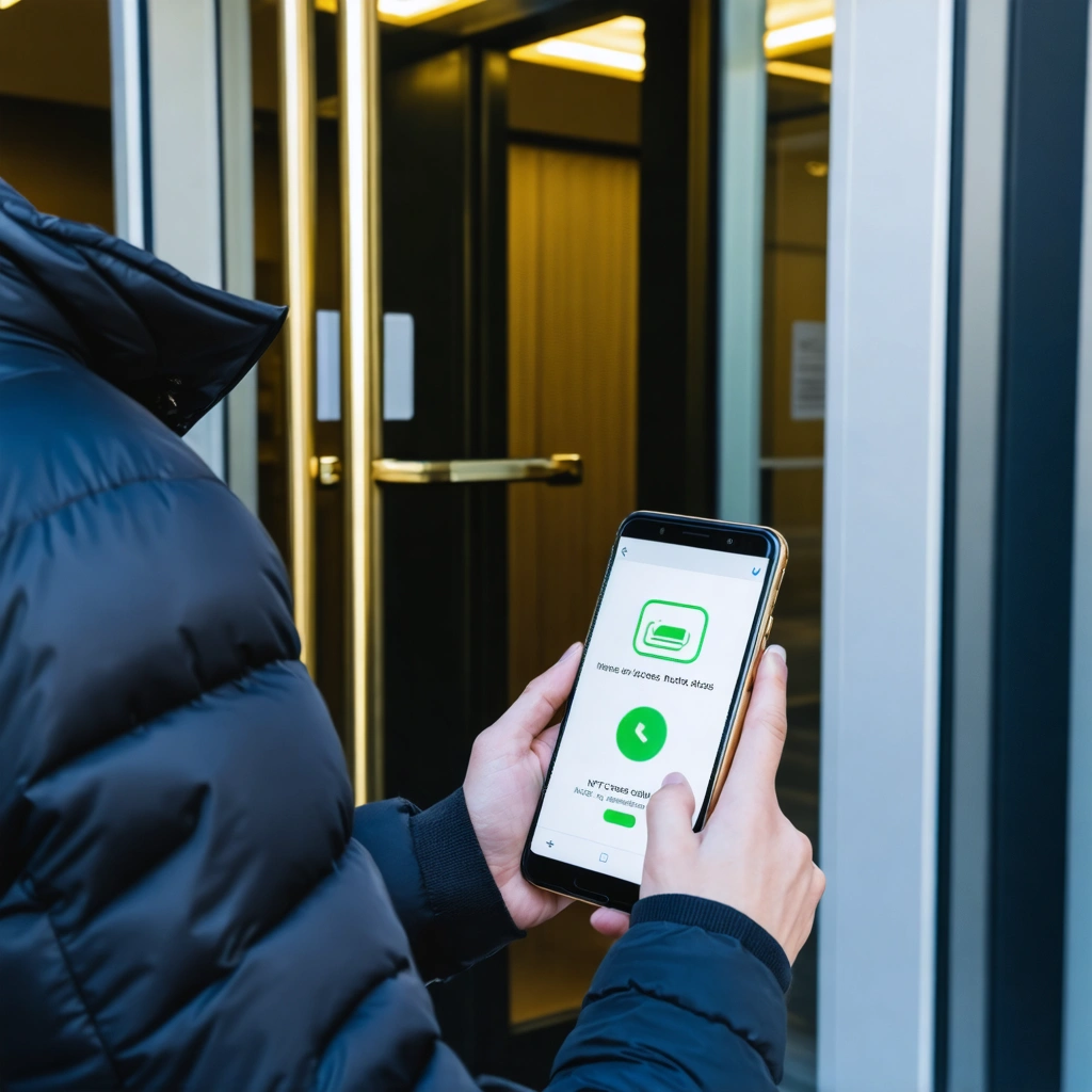 Personne utilisant un smartphone Android pour copier une carte NFC à l'entrée d'un immeuble moderne