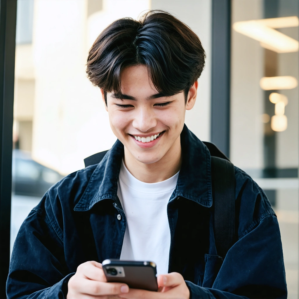 Produit visuel illustrant une personne souriante envoyant un document PDF depuis son smartphone par SMS, avec un fond moderne et coloré.