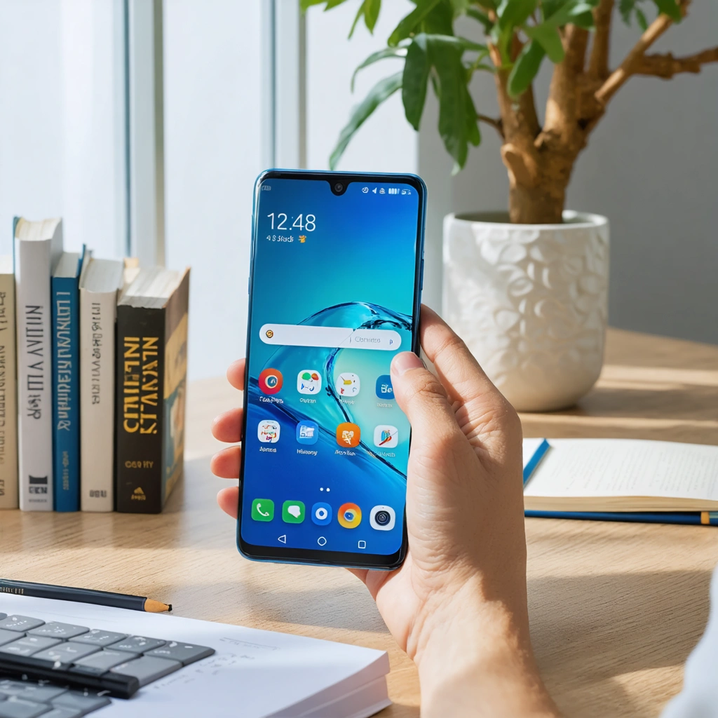 Un utilisateur consulte un Samsung Galaxy J2 Pro posé sur un bureau entouré de livres, bloc-notes et accessoires, illustrant des activités sans internet comme la musique, les photos et l'organisation.