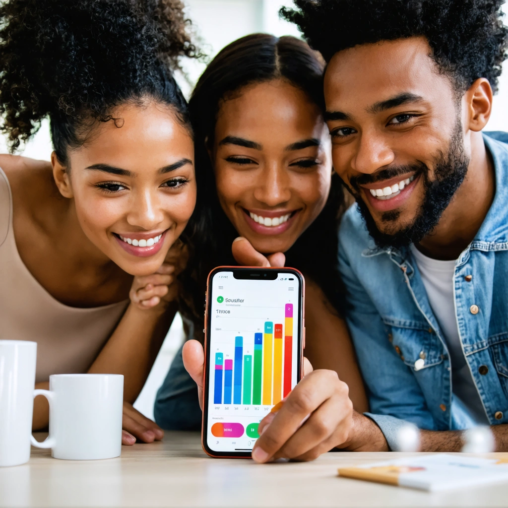 Un groupe d'amis consulte joyeusement l'écran d'un smartphone Xiaomi affichant la consommation de données mobiles dans un salon lumineux.