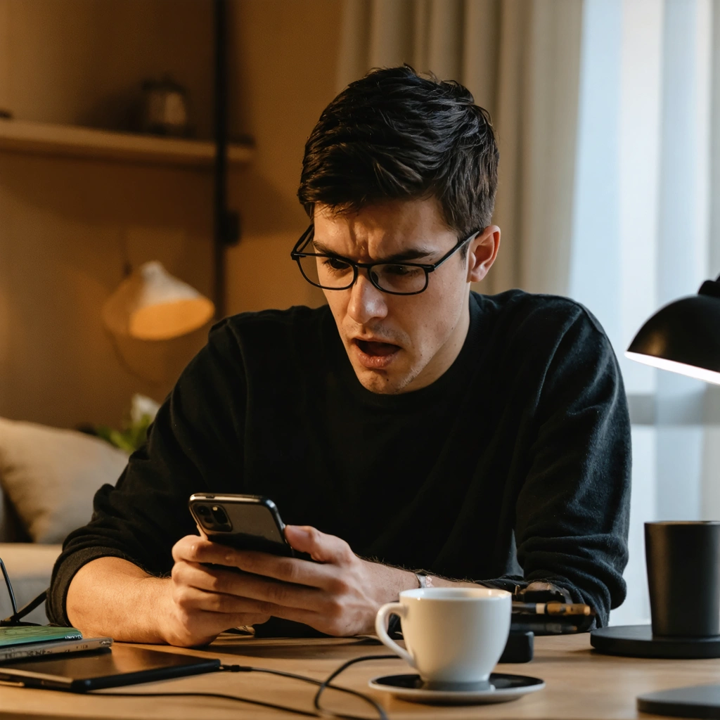 Un homme d'une trentaine d'années tente de rallumer un smartphone samsung galaxy j6 plus éteint sur une table avec des câbles, un café et des outils.