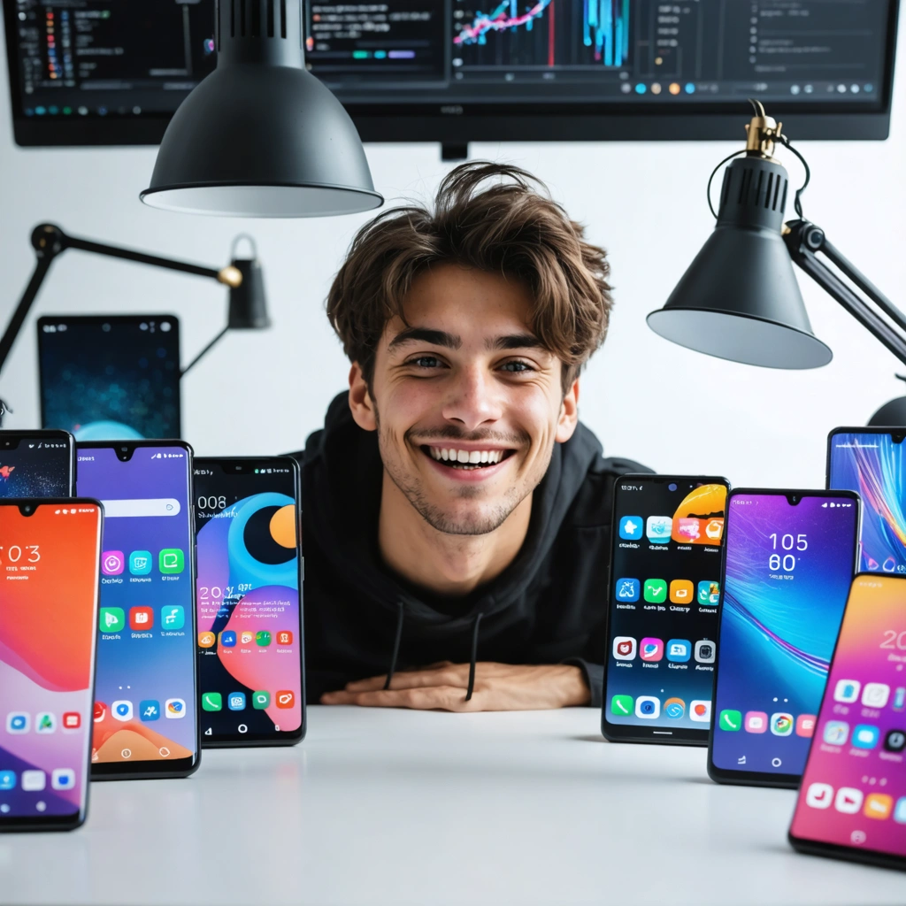 Un jeune adulte souriant entouré de plusieurs smartphones sur un bureau, montrant des écrans Android colorés et personnalisés, dans une ambiance dynamique et technologique.