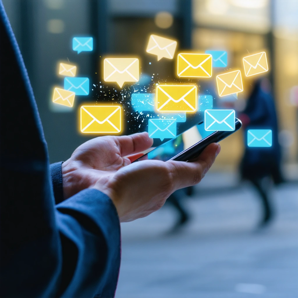 Un utilisateur tenant un smartphone avec des notifications SMS dont certaines disparaissent, symbolisant la perte de messages.