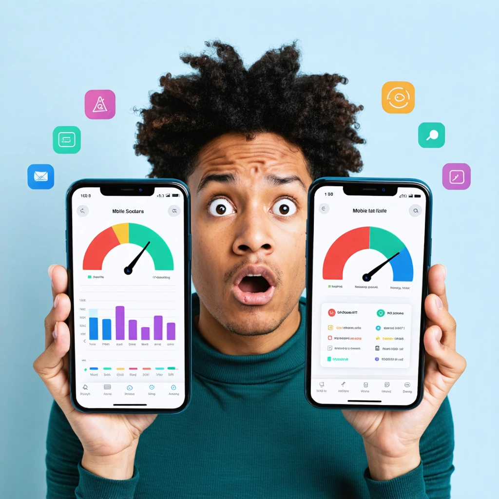 Une personne examine attentivement deux smartphones affichant des jauges de consommation de données mobiles différentes, avec une expression hésitante, et des icônes de rappel suggérant la prudence.