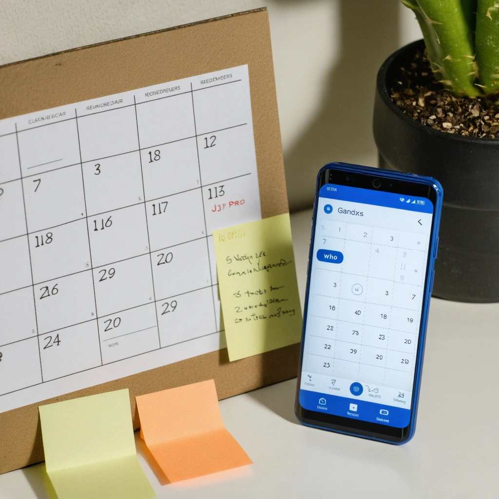 Espace de travail montrant un calendrier papier, des post-it, et un smartphone affichant un agenda numérique et des rappels, illustrant la transition entre organisation traditionnelle et numérique.