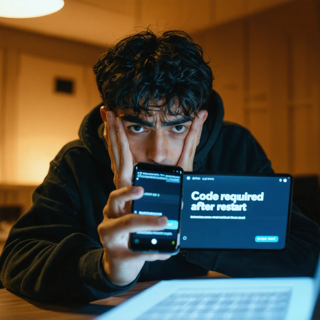 Une personne regarde un smartphone Honor affichant un message bloqué demandant un code de déverrouillage après redémarrage.