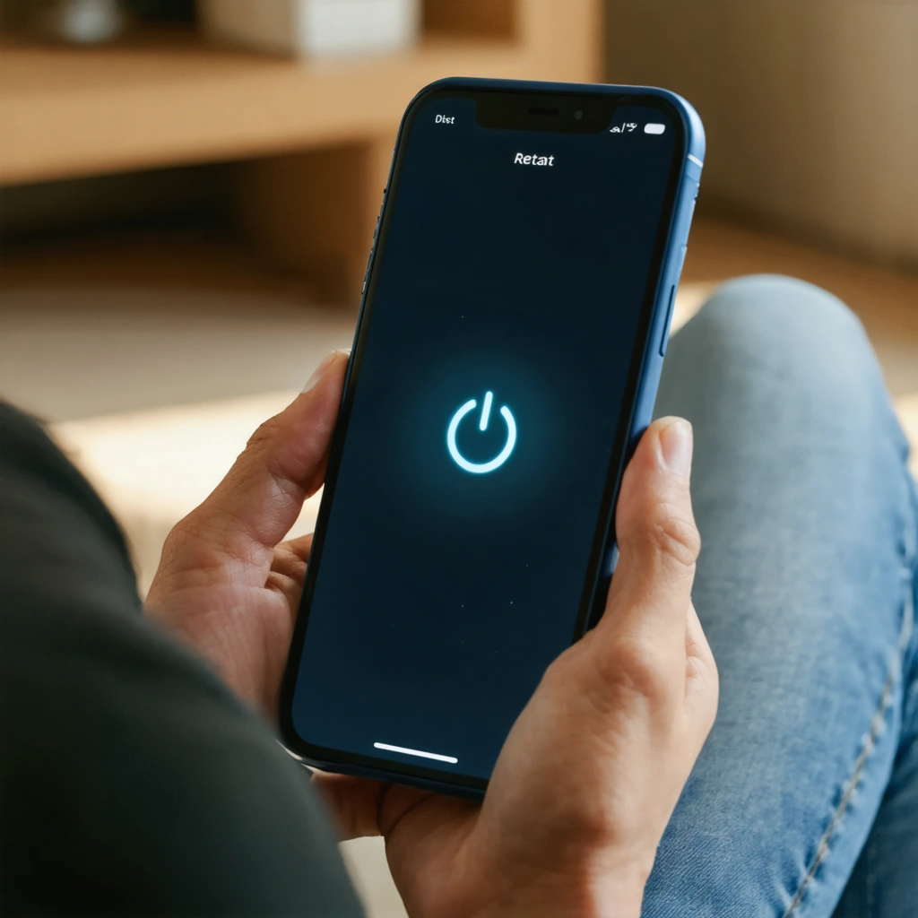 Une personne sur le point de redémarrer son smartphone en maintenant le bouton d'alimentation, dans un environnement chaleureux.