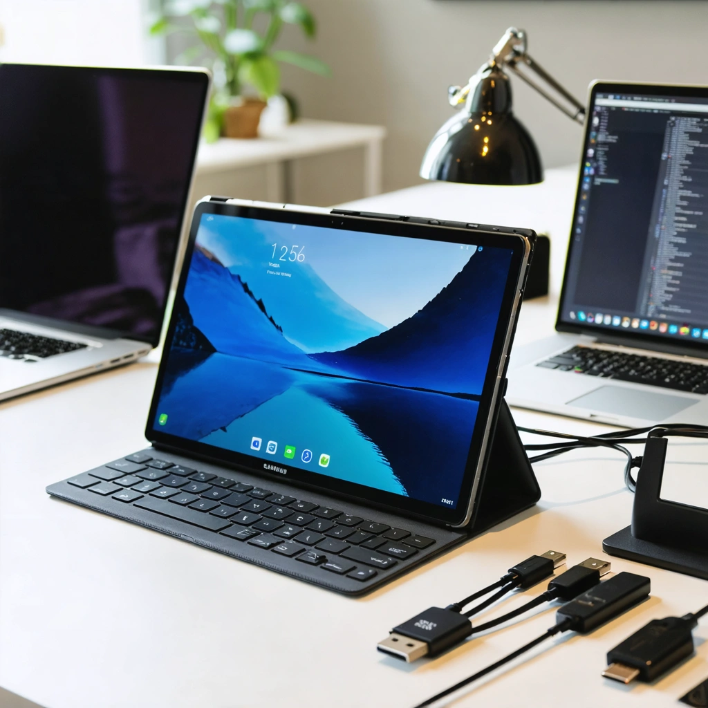 Tablette Samsung Galaxy Tab S SM-T800 connectée à un ordinateur portable en train d'être rootée, avec des câbles USB et des outils logiciels ouverts sur le bureau.