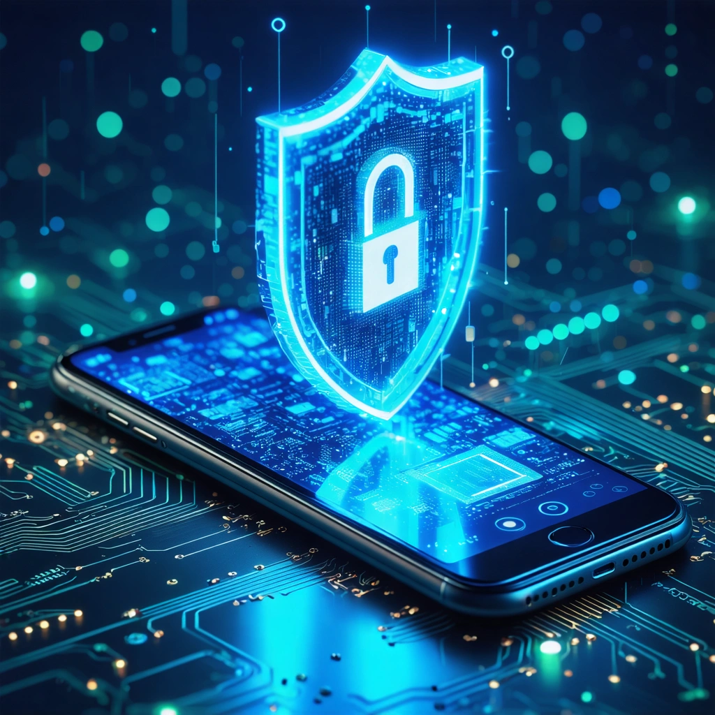 Un smartphone entouré d'un bouclier digital lumineux, représentant la cybersécurité et la vie privée avec des éléments graphiques technologiques en arrière-plan.