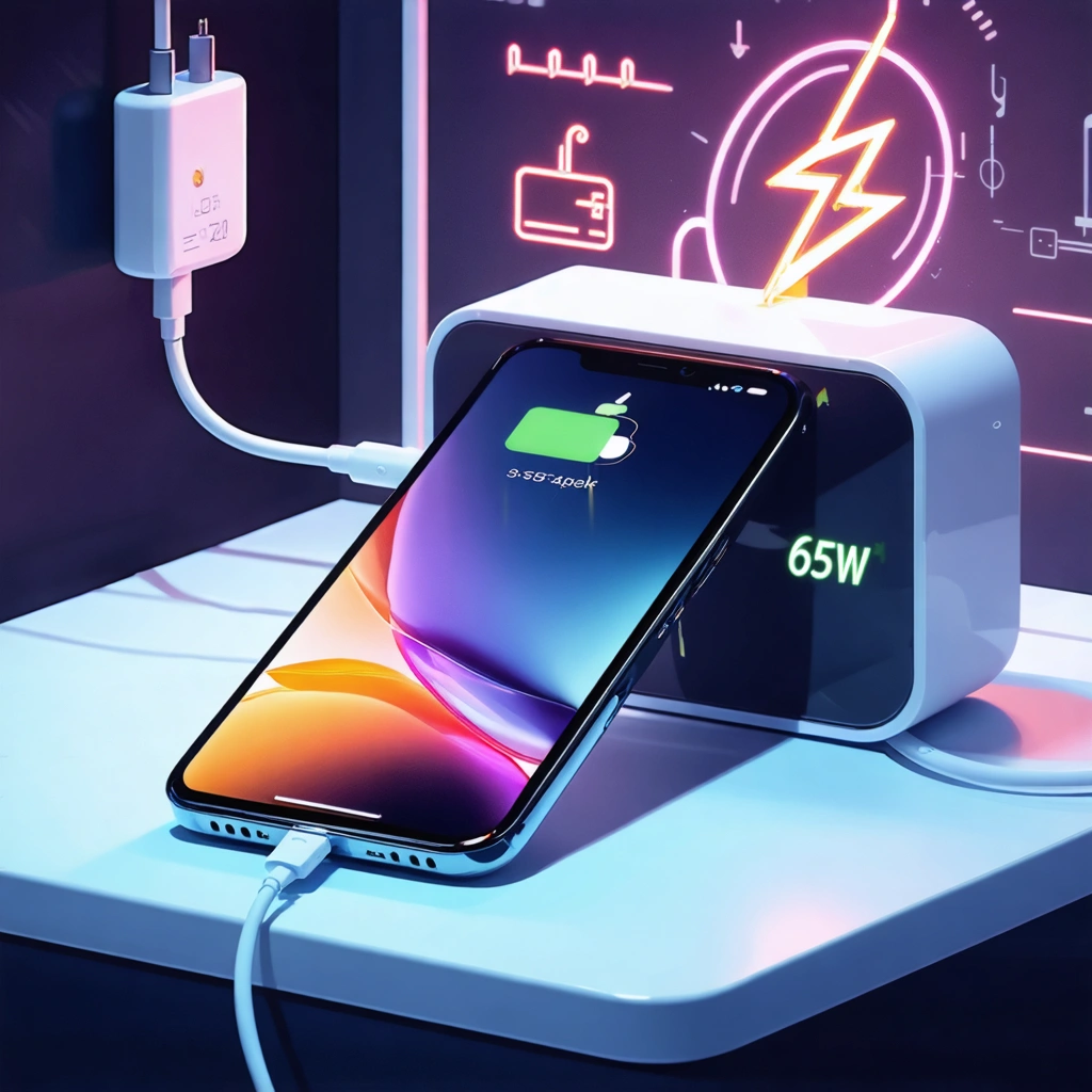 Un smartphone branché à un gros chargeur moderne, le téléphone semble tranquille et le chargeur puissant mais inoffensif, avec des symboles évoquant le courant électrique pour illustrer la sécurité et la gestion de la puissance.