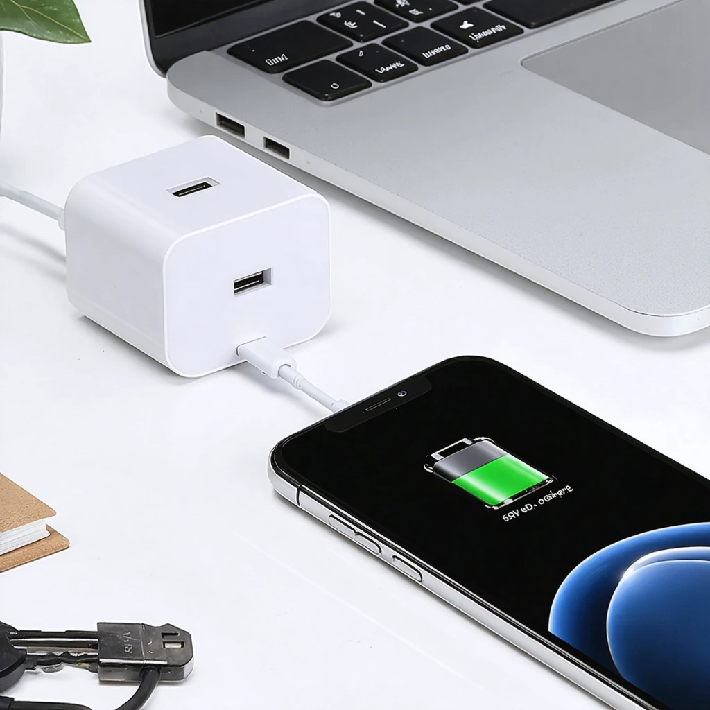 Un smartphone moderne relié à un chargeur de haute puissance en cours de recharge, sur une table, dans un intérieur domestique lumineux.