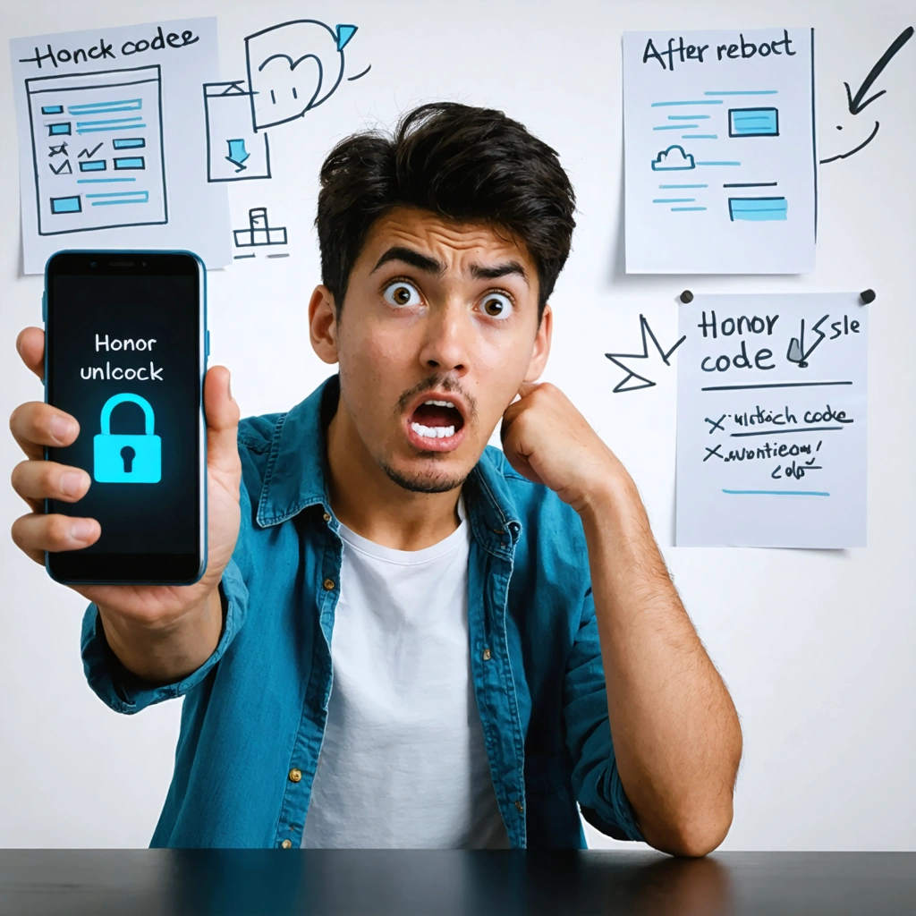 Personne cherchant à déverrouiller un smartphone Honor bloqué après redémarrage, tentant plusieurs codes d'accès.