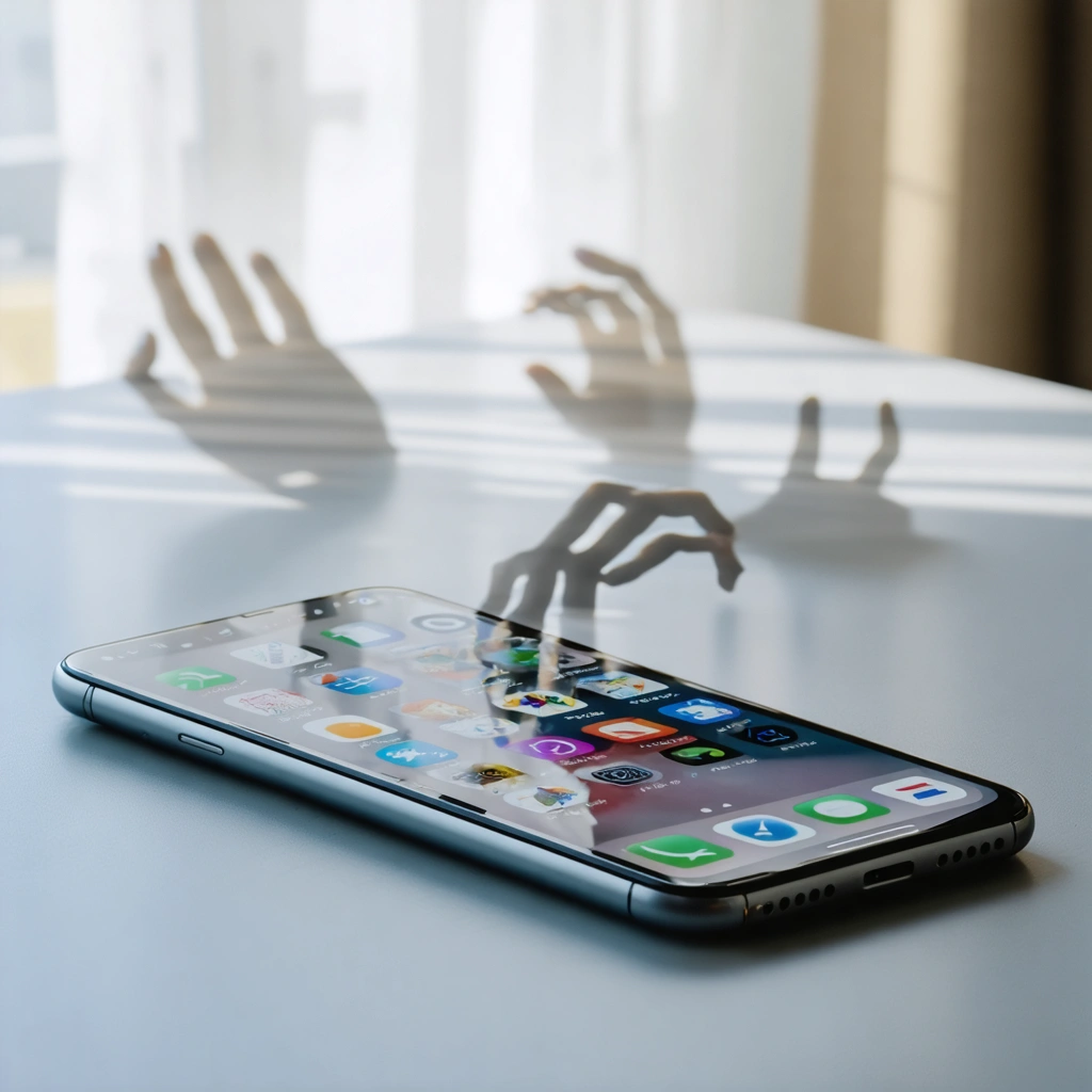 Un smartphone posé sur une table, affichant des applications qui s'ouvrent toutes seules, avec une ombre de main fantomatique touchant l'écran.