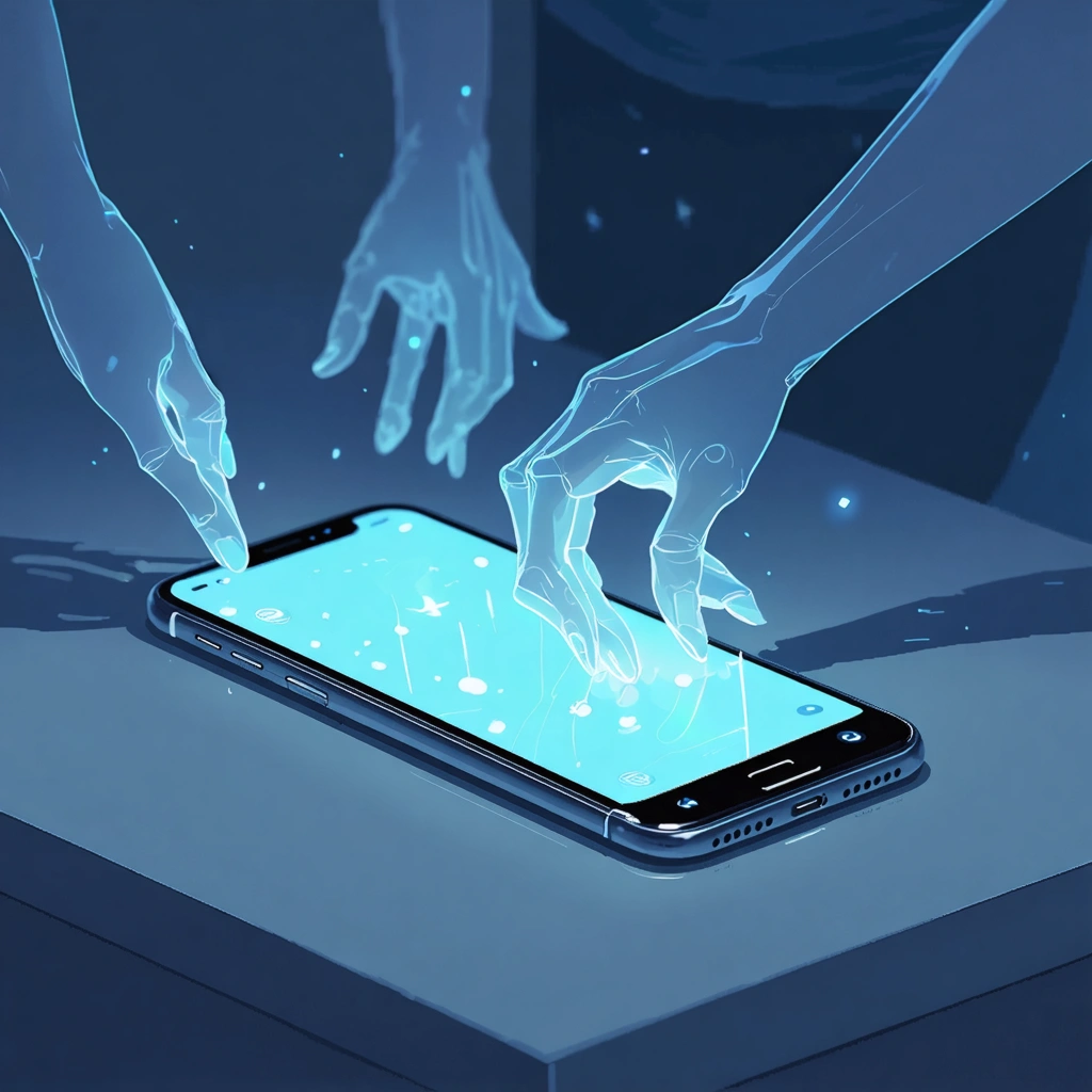 Un smartphone posé sur une table avec des mains translucides flottant au-dessus de l'écran, simulant des interactions fantomatiques et involontaires.