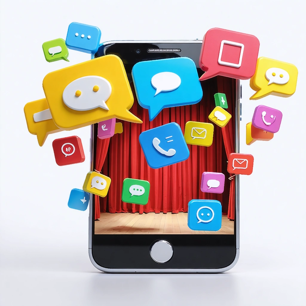 Un smartphone transformé en scène de théâtre où plusieurs applications, sous forme d’icônes colorées, se superposent en voulant passer devant les autres. L’appareil paraît surchargé, illustrant avec humour la compétition des applis pour être au premier plan.