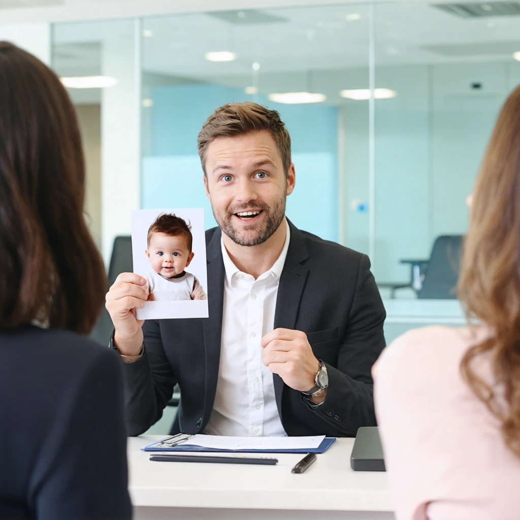 Un agent du service client examine une photo d'enfance amusante montrée par un client, dans un centre d'assistance chaleureux.