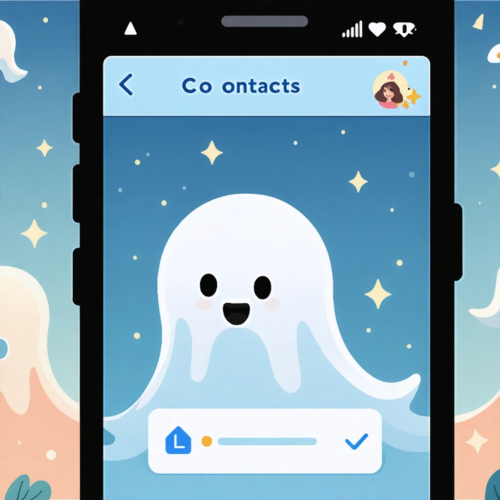 Illustration d'un carnet de contacts numérique sur un téléphone, montrant des contacts fantomatiques qui disparaissent et de nouveaux contacts bien rangés qui sont recréés, dans une ambiance légère et positive sans texte.