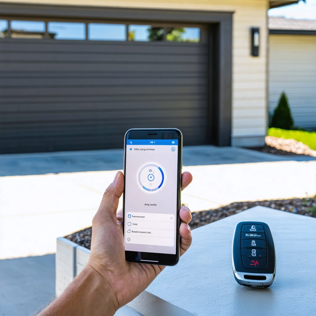 Un smartphone utilisé comme télécommande pour ouvrir une porte de garage moderne, mis en scène dans un cadre résidentiel en journée.