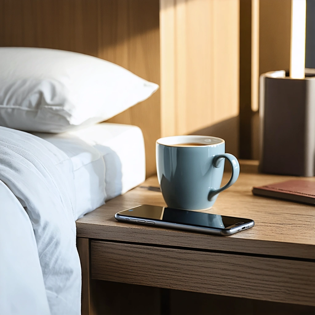 Un smartphone en train de vibrer tout seul sur une table de chevet, sans aucune notification visible, avec une tasse de café légèrement remuée par la vibration.