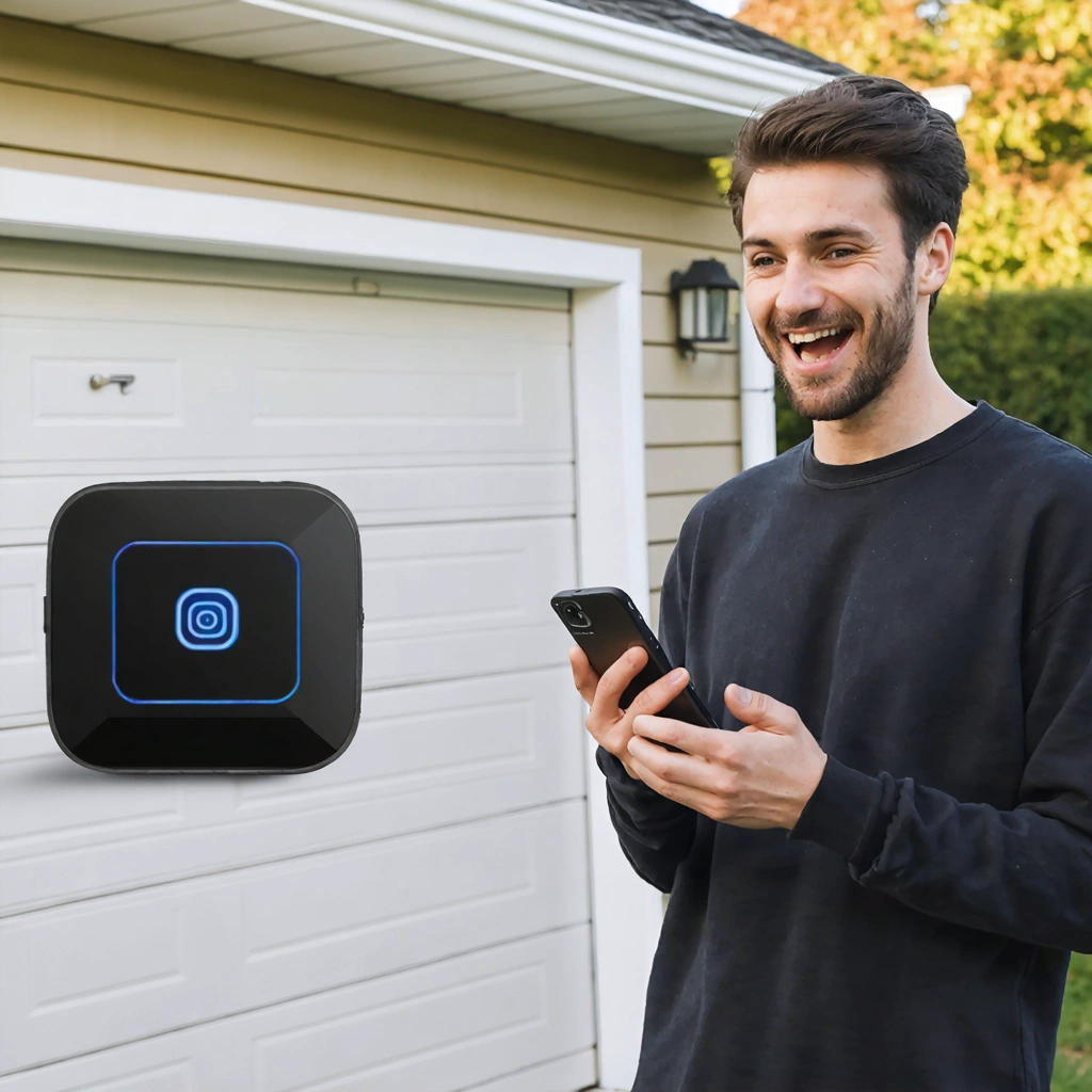 Une personne utilise son smartphone près d'une télécommande devant un garage ou un portail, prête à tester l'ouverture, avec une attitude confiante et un air de suspense.