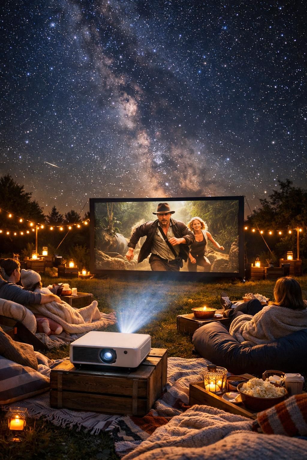 profitez pleinement de vos soirées cinéma en plein air grâce à notre vidéoprojecteur intelligent et accessible, idéal pour transformer vos nuits d'été en moments magiques sous les étoiles.