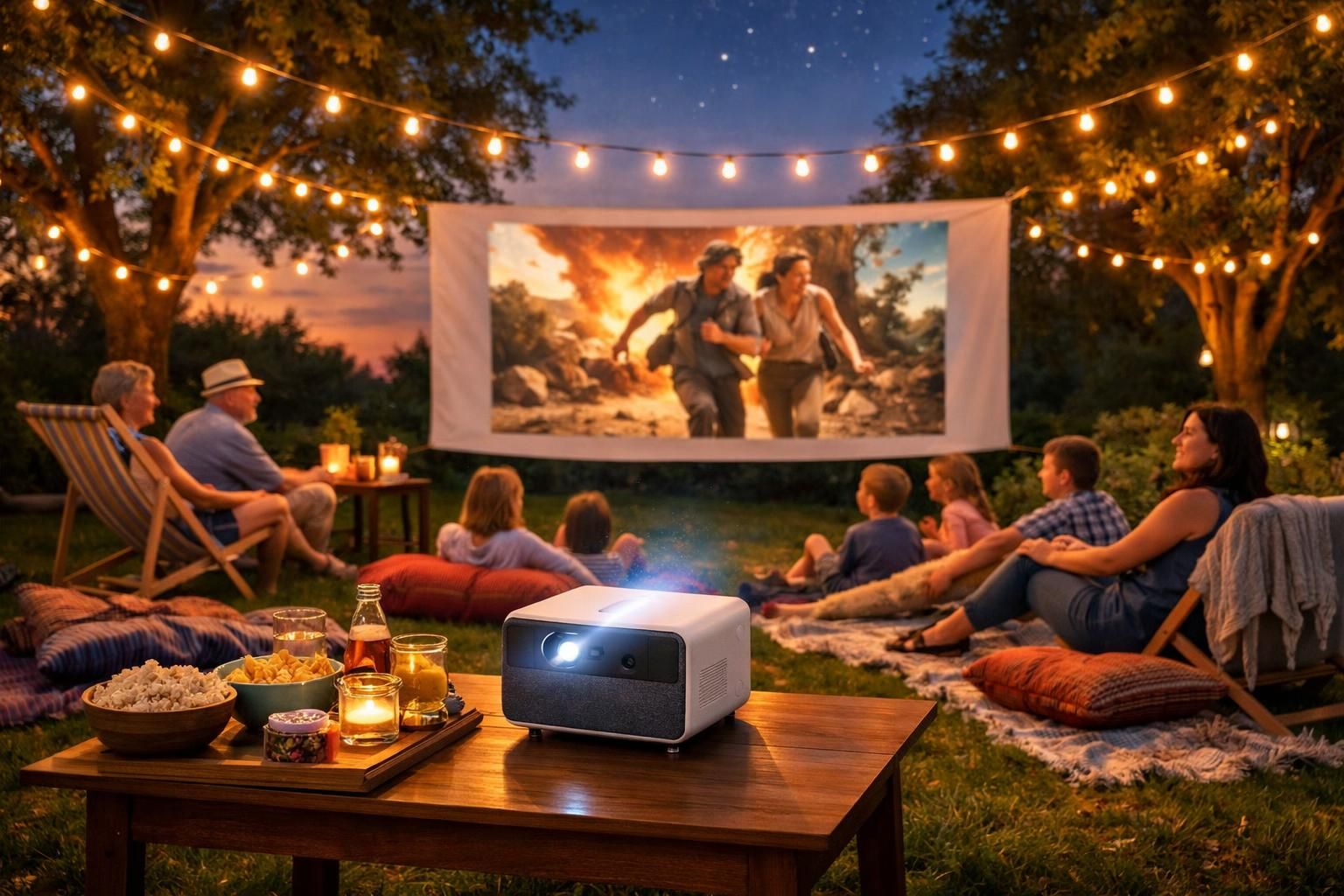 profitez de vos soirées d'été avec notre vidéoprojecteur intelligent et abordable, idéal pour des séances de cinéma en plein air inoubliables sous les étoiles.