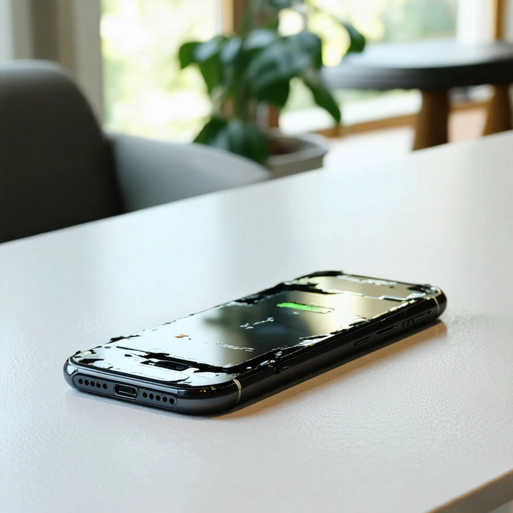 Smartphone pose sur une table avec l ecran et la coque legerement souleves a cause d une batterie interne gonflee