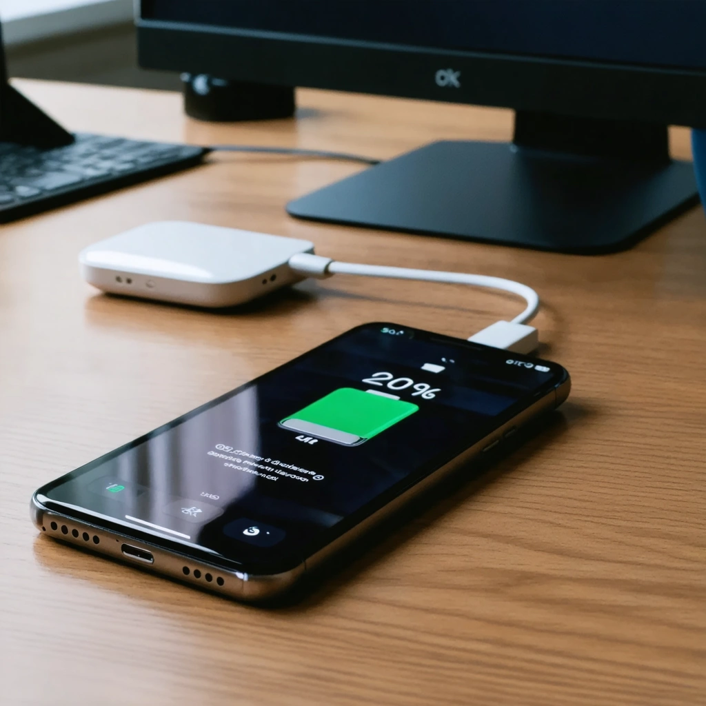 Smartphone moderne affichant 20 % de batterie sur un bureau, juste avant d’être branché à son chargeur pour recalibrer l’autonomie