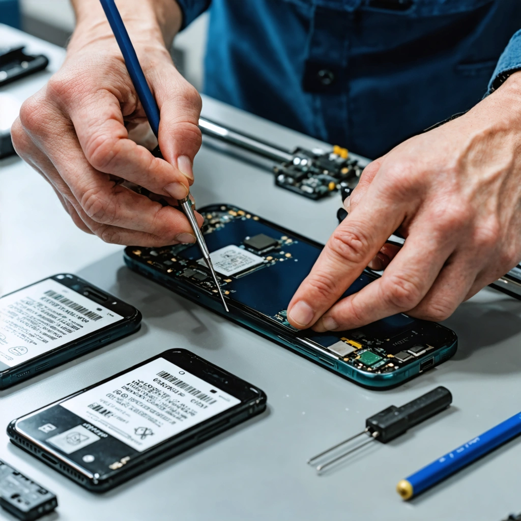 Une batterie de smartphone inspectee de pres sur un etabli, avec comparaison entre une piece d origine et une piece suspecte lors d un controle technique.