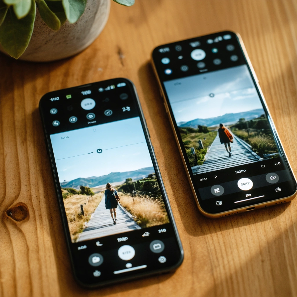 Deux smartphones modernes posés côte à côte, mettant en avant leurs modules photo, avec à l’écran des exemples de clichés illustrant la différence de rendu entre un capteur 108 mpx et un capteur 50 mpx haute densité.