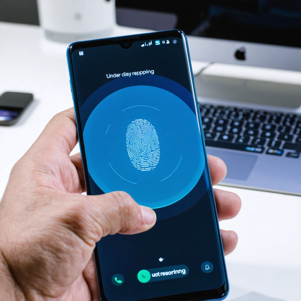 Gros plan réaliste sur un smartphone moderne dont le capteur d’empreinte sous l’écran ne répond plus, avec un doigt posé sur la zone de lecture