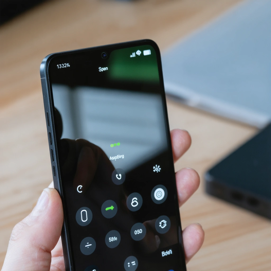 Un smartphone moderne en cours d’appel avec l’écran allumé et les commandes visibles, tenu à la main pour illustrer la désactivation du capteur de proximité.