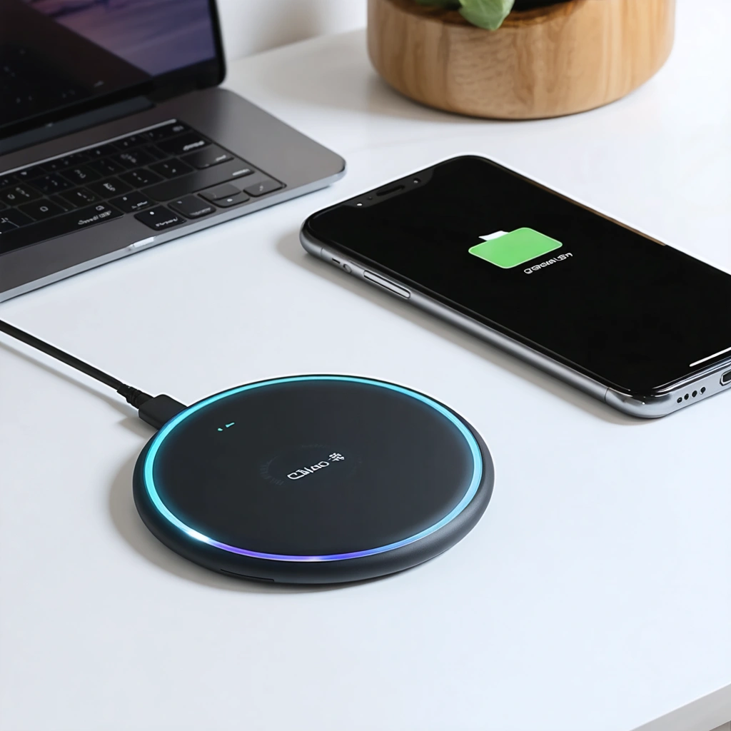 Un smartphone moderne pose sur un chargeur sans fil a cote d un cable de recharge filaire sur un bureau, illustrant la comparaison entre les deux modes de charge
