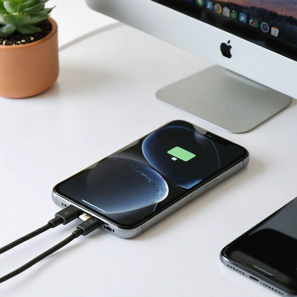 Un smartphone moderne branché à un chargeur d’une autre marque sur un bureau, illustrant les précautions à prendre lors de la recharge.