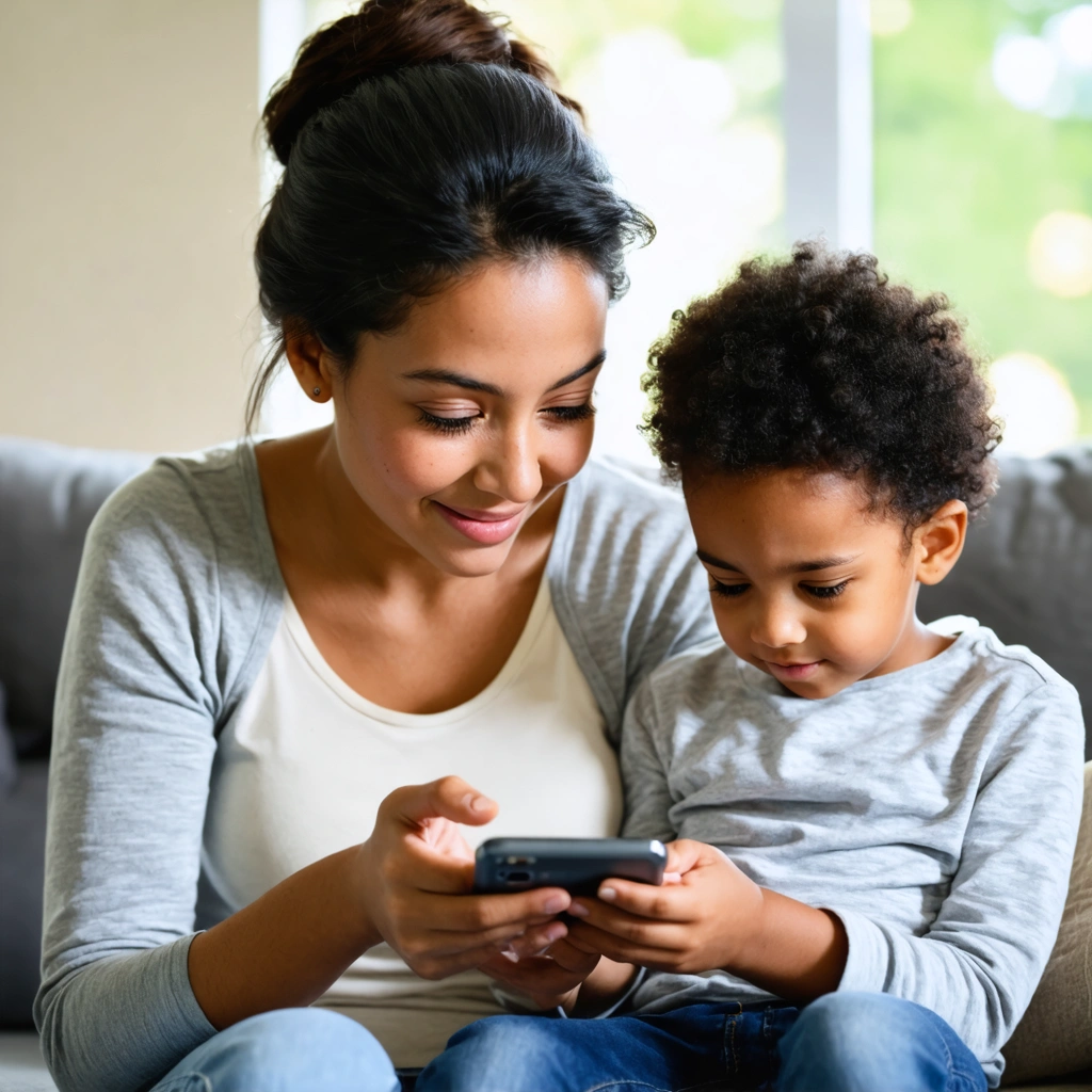 Une mère aide un enfant à configurer les réglages de contrôle parental directement sur un smartphone dans un salon lumineux.