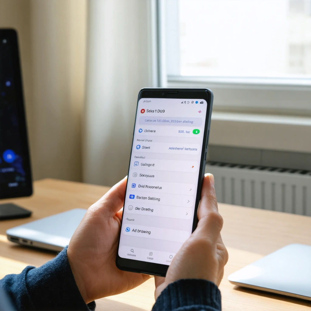 Un smartphone Android tenu en main affiche les paramètres de DNS privé, dans un environnement réaliste, pour illustrer la configuration d’un blocage des publicités.