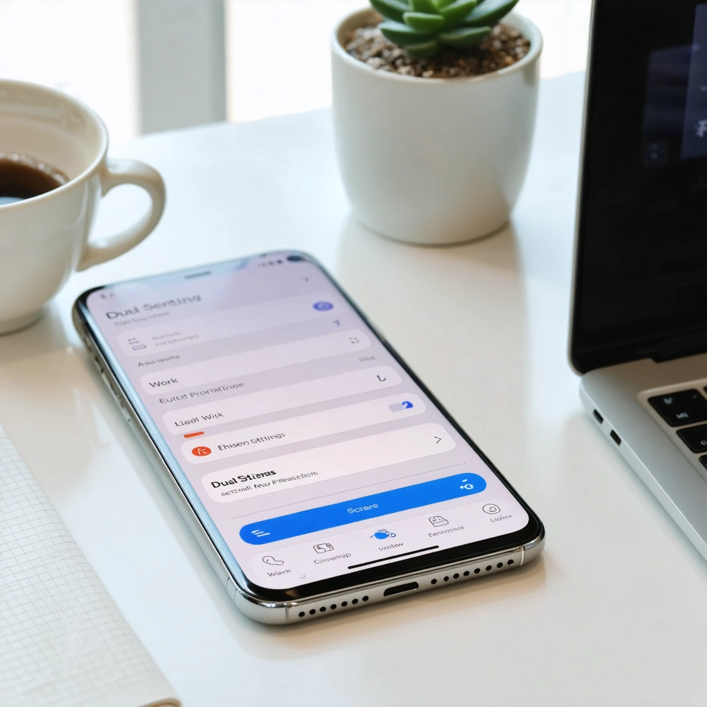 Un smartphone affiche les réglages double SIM avec une ligne professionnelle et une ligne personnelle distinctes sur un bureau de travail.